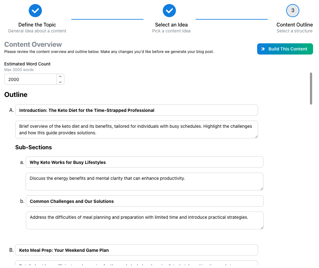 Screenshot of content creation page in Step2: Review of Generated content outline from chosen topic.